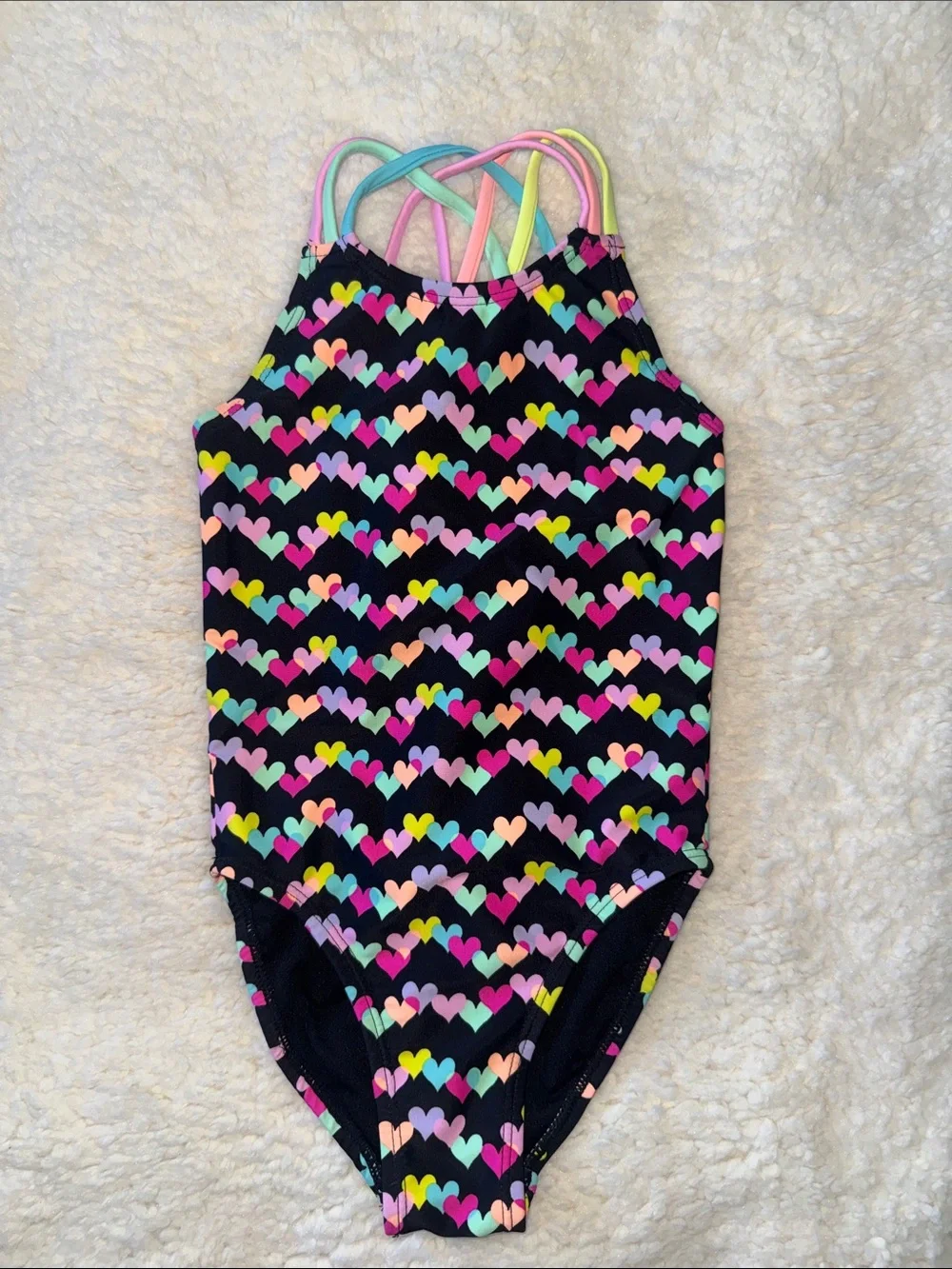 The Children's Place Black One-Piece Swimsuit with Multicolor Heart Print NWOT